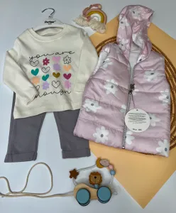 Дитячий костюм на дівчинку рожевий жилетка + кофта + штани двунитка 12-18 міс (86 розмір)1