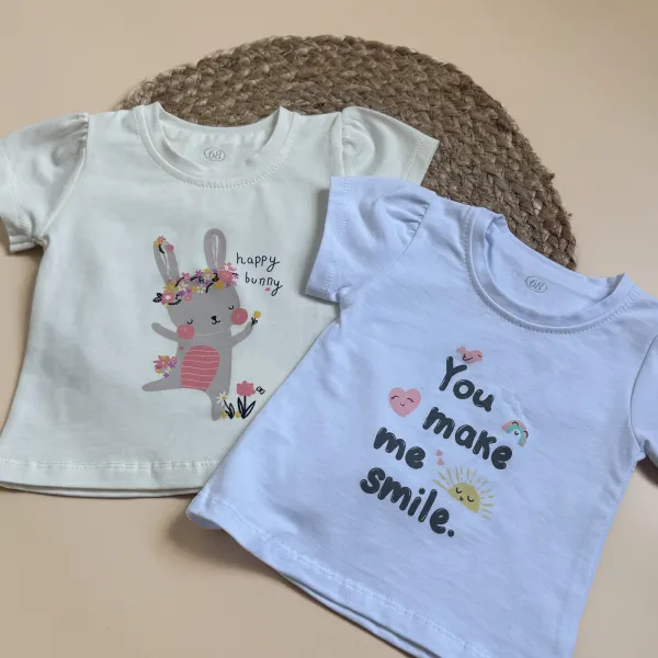 Детская футболка с кроликом "Happy Bunny" - белая футболка для девочки с принтом кролика и цветами, размер 80 (9-12 мес)1