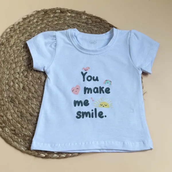 Детская белая футболка с надписью "You make me smile" - стильная футболка для девочки, размер 74 (6-9 мес) изображение