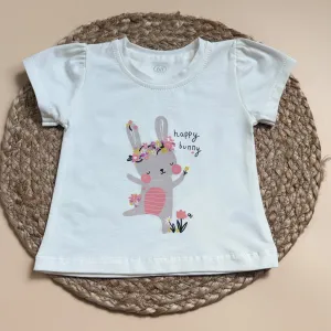Детская футболка с кроликом "Happy Bunny" - белая футболка для девочки с принтом кролика и цветами, размер 74 (6-9 мес)1